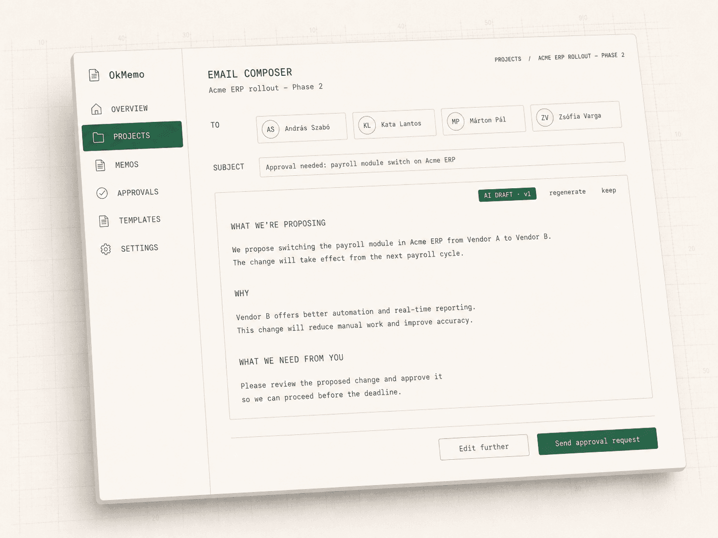 OkMemo e-mail szerkesztő érintett címkékkel, tárgysorral és AI által vázolt törzssel, amely tartalmazza a Mit javasolunk, Miért és Mit kérünk tőled szakaszokat.
